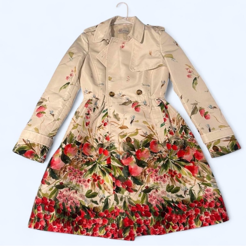 RED Valentino Beige Floral-Print Trench Coat with Red & Green Accents
